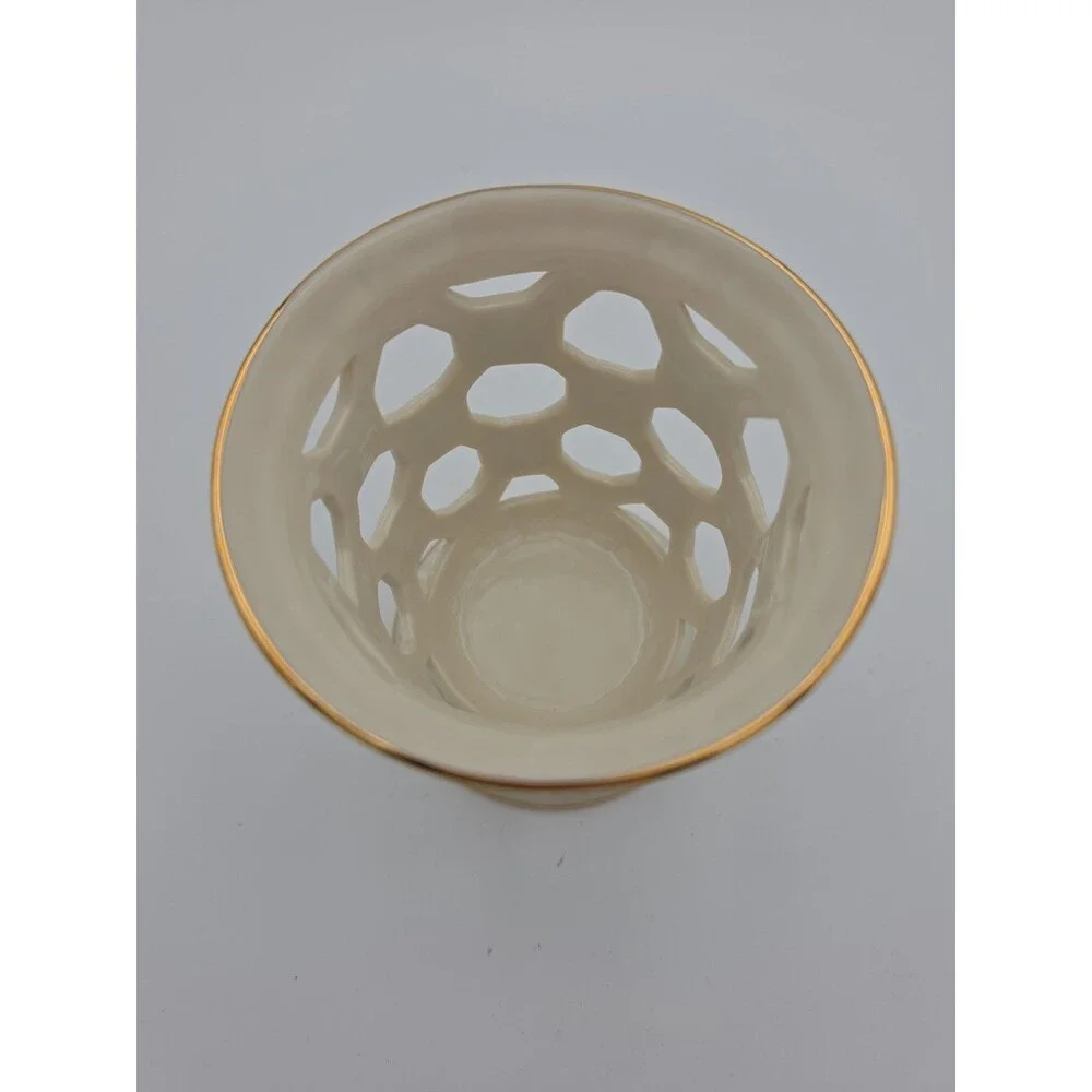 Lenox Ivory Porcelain Pierced Votive Candle Holder Gold Pearl Accents